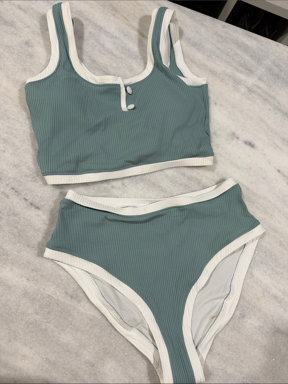 Ribbed Two-Piece Bikini Set - Sage Green with White Trim